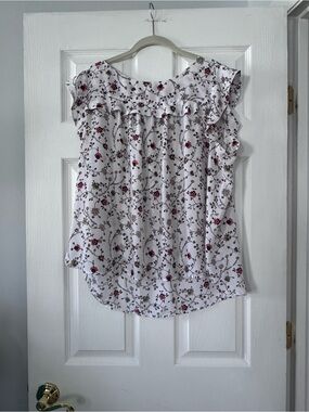 LOFT White Cap-Sleeve Blouse with Burgundy and Brown Floral Print